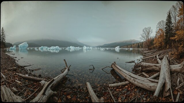 Panoramic scene of icy structures at a picturesque mountain lake in fall
