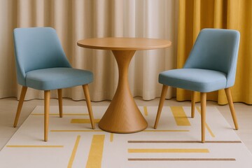 Fototapeta premium Modern Interior Design Featuring Two Light Blue Upholstered Chairs and a Wooden Pedestal Table on a Geometric Rug