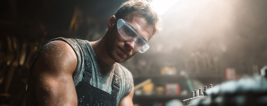 Focused craftsman in safety glasses, working intently. Strong, determined, and skilled. Ideal for construction, industry, labor, and DIY concepts. - Powered by Adobe