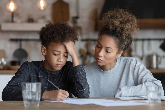 Black single mother helping son with homework at kitchen table