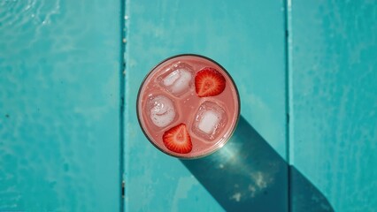 Frozen Strawberry Drink Displayed on a Turquoise Wooden Background from Above
