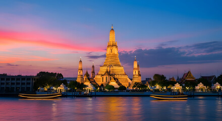 Naklejka premium Magnificent Temple by the River: A breathtaking view of a majestic temple stands tall by the serene river at dusk, the vibrant sky reflecting its beauty.