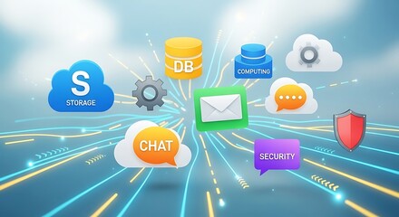 Digital cloud computing icons and technology network concept
