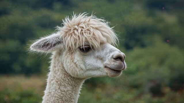 Close-up of an alpaca's head as it grazes in a verdant setting.