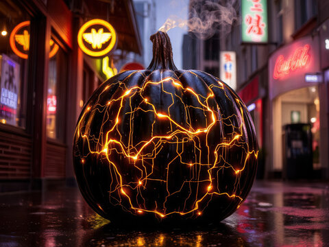 Glowing black pumpkin with lightning design in urban alley at night