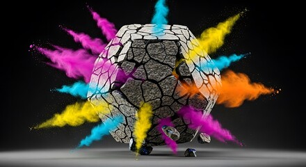 Stone ball exploding with vibrant colorful powder, abstract explosion