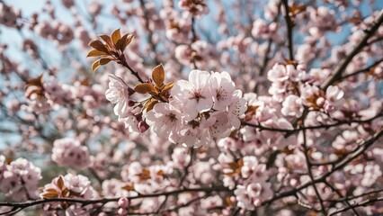 Obraz premium Springtime close-up of blooming trees featuring delicate pink petals and lush leaves