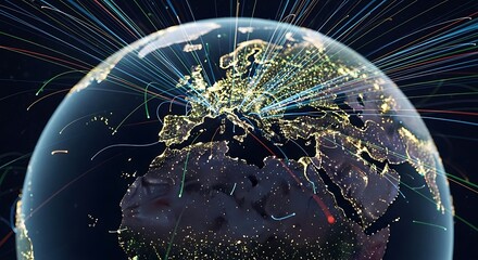 Glowing earth at night with streaks of light emanating from europe