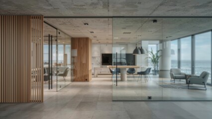 Room featuring abstract wood, glass, and concrete elements
