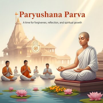 Jain monk meditating peacefully by a serene temple during paryushana parva festival