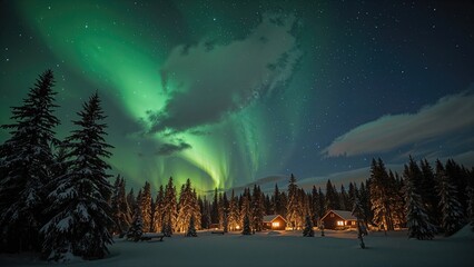 Glowing northern lights brighten the dark sky above a tranquil snowy landscape featuring trees and snug cabins