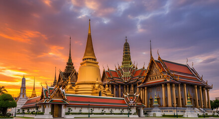 Fototapeta premium Golden Temple's Dawn: A breathtaking sunrise paints the sky above the majestic golden temple with its intricate architecture, a visual hymn to the culture and religion.