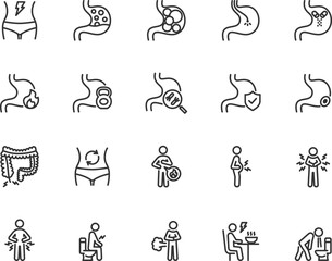 Vector set of stomach disease line icons. Contains icons stomach pain, flatulence, heartburn, diarrhea, belching, bloating, constipation, appendicitis, vomiting and more. Pixel perfect.
