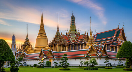 Fototapeta premium The Grand Palace, Bangkok: The resplendent Grand Palace in Bangkok, Thailand, a beacon of cultural heritage, its intricate architecture gleaming under the vibrant sky.