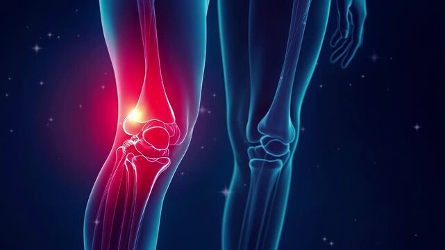 X-ray human painful knee highlighted by red glow, indicating injury or discomfort