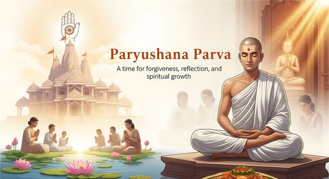 Jain monk meditating peacefully beside a temple during paryushana parva festival