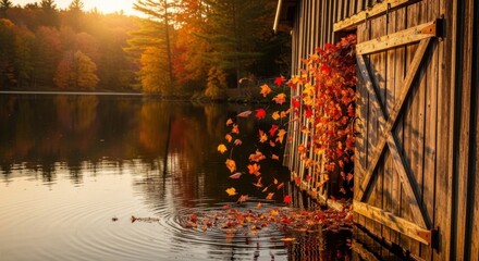 Autumn Leaves Falling From Wooden Boathouse by Calm Lake During Sunset