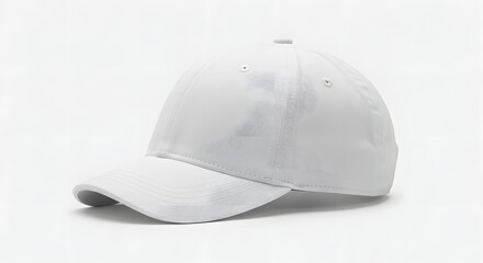 A plain white baseball cap is displayed against a bright, neutral background, showcasing its design and shape. Isolated background hat, baseball cap, baseball hat, hat, Front, back and angle view