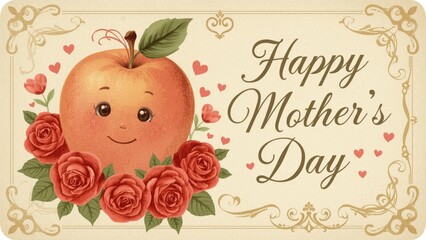 Postcard celebrating moms with an apple woman encircled by flowers and hearts