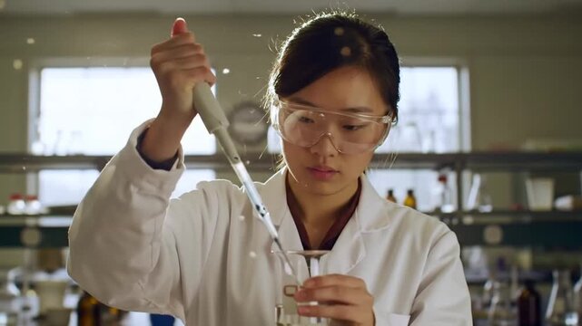A focused scientist wearing protective eyewear carefully dispenses liquid from a pipette into a glass beaker within a laboratory setting. - Powered by Adobe