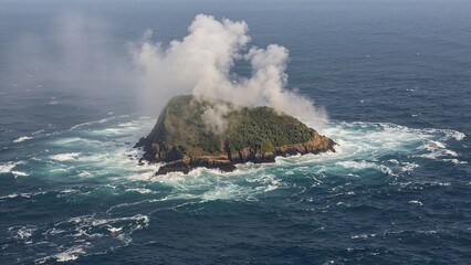 Obraz premium Isolated island amid turbulent sea with towering waves.