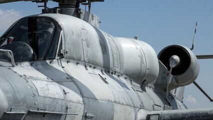 Obraz premium Close-up of helicopter fuselage featuring metal hull and air force hardware