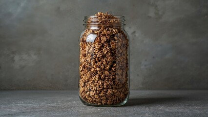 Glass container filled with DIY granola. Emphasis on the jar against a minimalist backdrop. Wholesome vegan snack