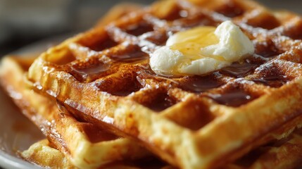 Elegant photo of close up of butter melting on yeasted waffles.