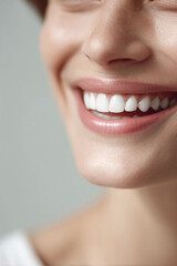 Obraz premium Radiant smile showcasing healthy, bright, white teeth. Perfect for dental care, orthodontics, beauty, and wellness campaigns. Closeup portrait emphasizing positivity and oral hygiene.