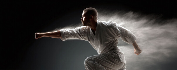 Dynamic shot of a martial artist in action, executing a powerful punch. Intense focus, determination. Strength, discipline, and precision. Ideal for fitness or sports ads.