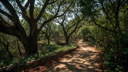 Nature trek featuring ruins and wooded paths in a protected park