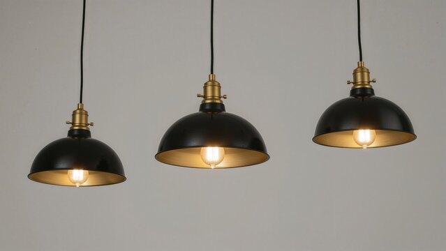 A trio of black hanging lamps with golden accents and white light bulbs glowing