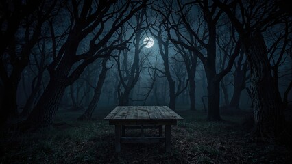 Eerie night forest illuminated by a bright full moon with an old wooden table