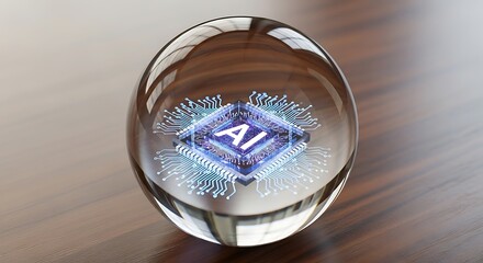 Abstract ai concept inside a clear glass orb with glowing blue light