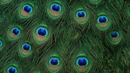 Obraz premium A detailed view of the vibrant blue and green plumage of a peacock, emphasizing the complex designs and textures of the feathers.