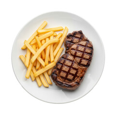 Grilled Steak And Golden French Fries On White Plate Top View