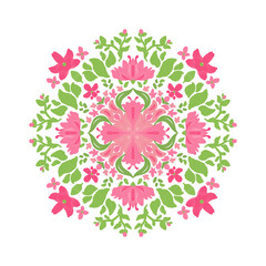 Delicate watercolor floral mandala in soft pink and green tones, featuring blooming flowers and leaves. Ideal for backgrounds, wedding invitations, stationery, fabric prints, and elegant decor themes.