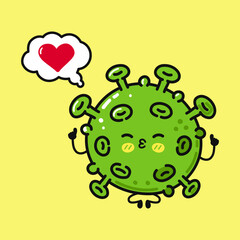 A cartoon coronavirus with a thought bubble containing a heart, expressing love.