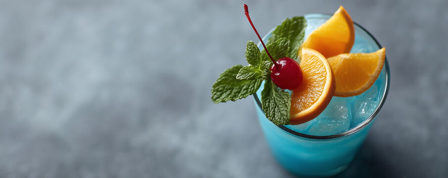 Refreshing tropical drink with vibrant blue hue, garnished with orange slices, cherry  mint. A perfect summer refreshment, ideal for travel or party themes. - Powered by Adobe
