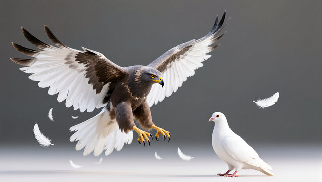 Hawk in flight meets calm dove in quiet standoff - Powered by Adobe