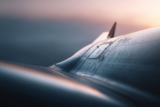 Closeup shot showcasing aircraft fuselage with intricate details, rivets, and paneling against a soft gradient sky. Implies technology, engineering, and precision.