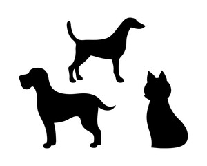 Black Silhouettes of Two Dogs and a Cat Against a White Background