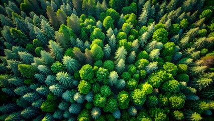 Aerial view of a dense, lush green forest canopy with various types of trees, showcasing the vibrant natural beauty of the woodland from above