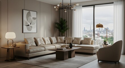 Fototapeta premium Stylish Modern Living Room with City View and Minimalist Decor