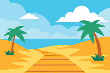 Fototapeta premium Tropical Beach Landscape Vector Illustration Featuring Palm Trees Sandy Path and Blue Ocean Under a Cloudy Sky Ideal for Summer Vacation Designs