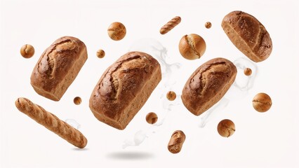 Obraz premium Flying brown loaf breads on a white backdrop