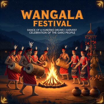 Wangala festival celebration of garo people with traditional music and dance around a bonfire