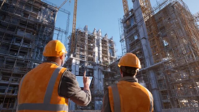 Two construction workers stand on a lower level of a bustling construction project, examining a tablet and pointing towards.