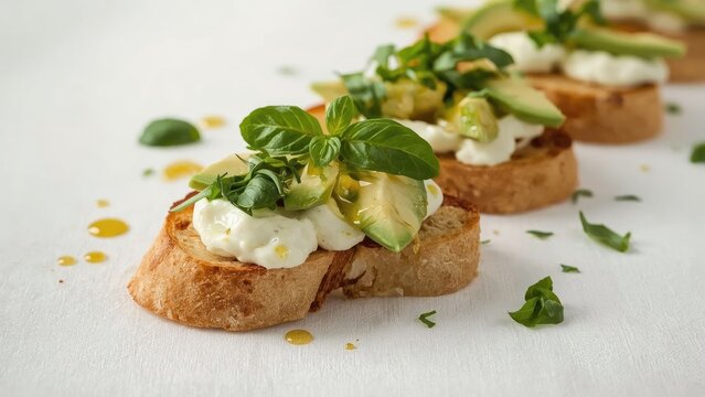 Sliced bread with creamy cheese, avocado, and basil close-up