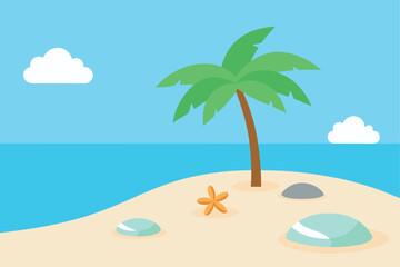 Tropical Island Getaway with Palm Tree Ocean and Clouds Vector Illustration for Summer Vacation and Holiday Themes